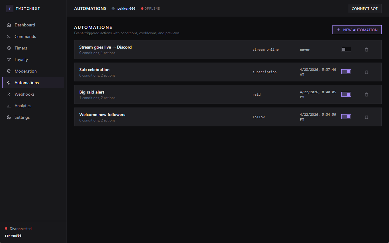 TwitchBot automations page