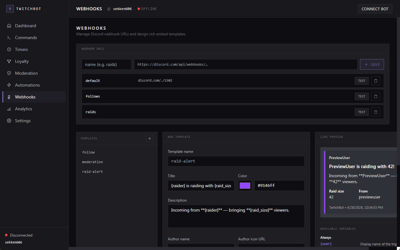 TwitchBot webhooks page