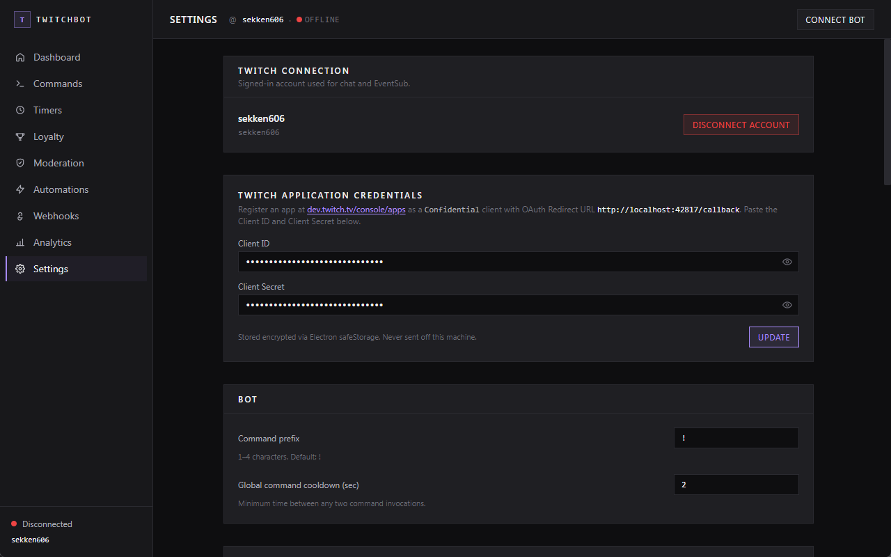 TwitchBot settings page